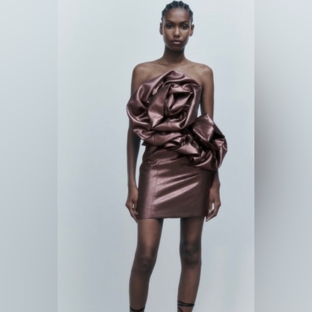 ZARA PINK Brown metallic VOLUMINOUS FLOWER strapless mini DRESS Size small new